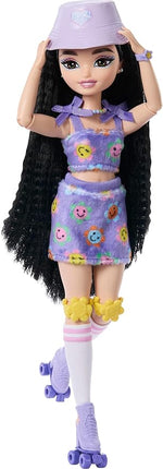 Barbie Dream Besties Doll and Accessories, Renee Posable Roller Skating Fashion Doll with Black Hair, 12 Video & Food Themed Pieces