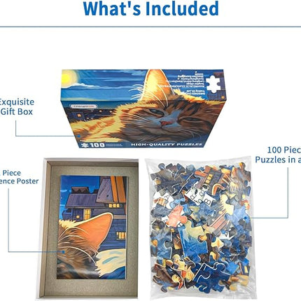 100 Piece Puzzles for Kids, Sleepy Cat 100 Piece Puzzles for Adults, Side Lying Cat Puzzle Cozy Scene Puzzle, Cute Kitten Jigsaw Puzzles 100 Pieces for Seniors Teens Kids Ages 6-10