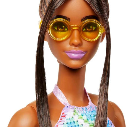 Barbie Fashionistas Doll #210 with Brunette Hair in Bun Wearing Removable Colorful Crochet Halter Dress, Sunglasses & Sandals