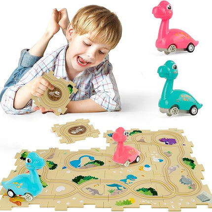 Puzzle Racer Kids Car Track Set with 2 Dino Cars, Kids Toys for 3-5 Year Old Boys, Montessori Toys for 3+ Year Old