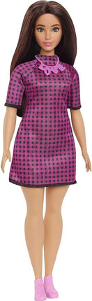 Barbie Fashionistas Doll #188, Curvy with Black Hair, Checkered Dress & Accessories Including Pink Sneakers & Necklace