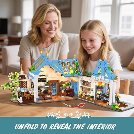 Flower Café House Building Set with LED, 1520 PCS Botanical Coffee Architecture with Openable Design, Floral Bakery Construction Model for Home Decor, Gift for Adults Women Teens Girl Boy 12+