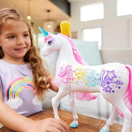Barbie Dreamtopia Unicorn, Brush 'n Sparkle Interactive Toy with Lights & Sounds, Magical Brush Accessory, White Unicorn with Pink Mane & Light-Up Stars