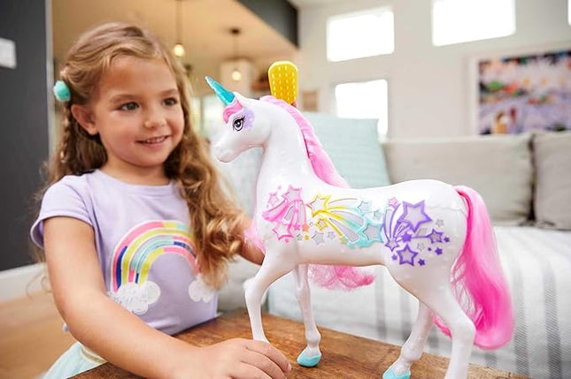 Barbie Dreamtopia Unicorn, Brush 'n Sparkle Interactive Toy with Lights & Sounds, Magical Brush Accessory, White Unicorn with Pink Mane & Light-Up Stars