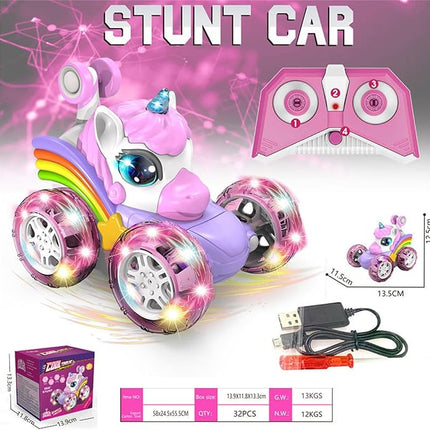 Unicorn Remote Control Car for Girls,Rechargeable 360°Stunt RC Cars Rotation 4WD Remote Cars with LED Lights,Fun Indoor Outdoor Toys for Kids,Chritmas Birthday Gift for 3 4 5 6 Year Old Girl