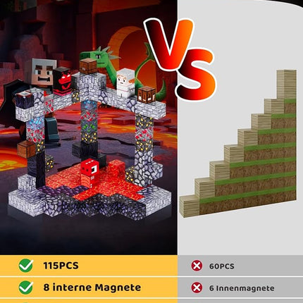 115PCS Magnetic Blocks - Building Toys for Boys Girls 3+, with 20 Unique Patterns, Lava Rivers, Volcanoes, & Dragons, STEM Sensory Toys for Kids Boys Girls Ages 3 4 5 6 7 8 9 Birthday Gifts