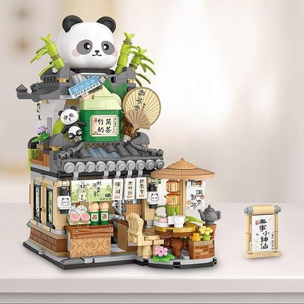 Cute Panda Mini Building Blocks Set, 860PCS MOC Mini Architecture Building Kits with Tea Shop Street View Design - STEM Educational Construction Gift for Girls Boys Kids Adults