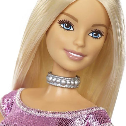 Barbie Happy Birthday Doll with Blonde Hair and Blue Eyes, Pink Glitter Party Dress, and Silvery Accessories