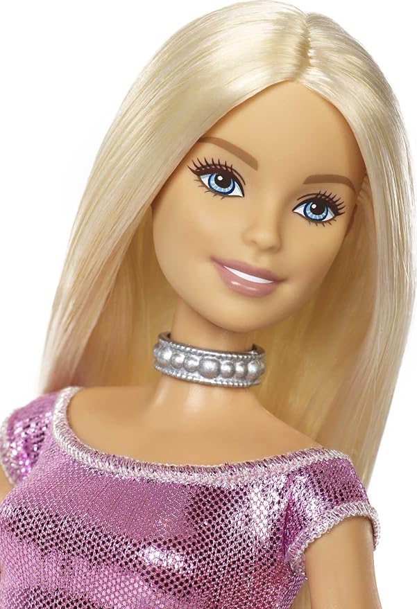 Barbie Happy Birthday Doll with Blonde Hair and Blue Eyes, Pink Glitter Party Dress, and Silvery Accessories