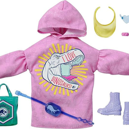 Barbie Fashion Pack of Doll Clothes Inspired by Jurassic World, Collectible Set Includes Sweatshirt Hoodie Dress with Dinosaur Graphic & 8 Accessories