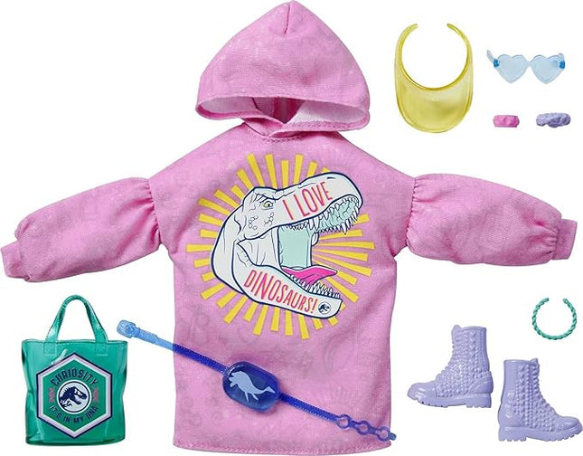 Barbie Fashion Pack of Doll Clothes Inspired by Jurassic World, Collectible Set Includes Sweatshirt Hoodie Dress with Dinosaur Graphic & 8 Accessories