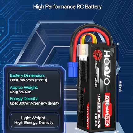 HOOVO 4S 14.8V 7200mAh 120C RC LiPo Battery Hard Case with EC5 Connector for RC Buggy Truggy Crawler Monster Car Boat Truck(2 Pack)
