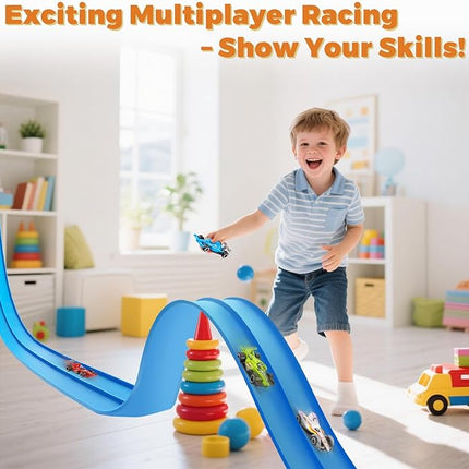 15 Ft Flexible Race Car Track, Portable Dual-Sided Race Car Track with 4 Cars & Suction Cups, Compatible with Hot Wheels & 1/64 Diecast Cars, Kids’ Car Ramp & Race Track (Blue)