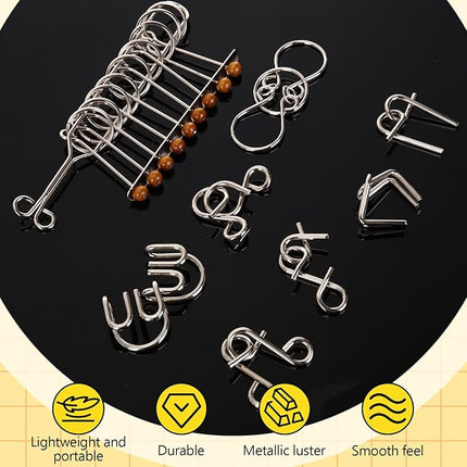Yilloog Metal Wire Puzzle Set of 8 with Pouch, Brain Teaser Puzzles IQ Test Ring Disentanglement Unlock Interlock Game Trick Metal for Party Favor Challenge (E Style)