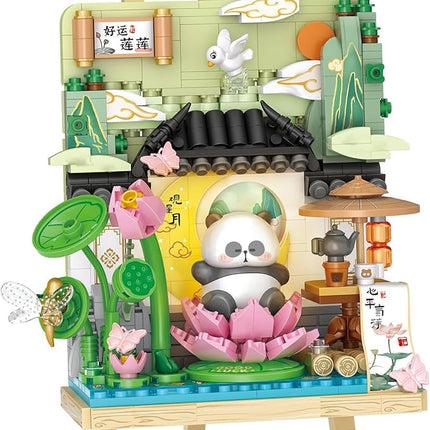 MEIEST Panda Mini Building Blocks Cute 3D Painting Model Set,Creative 4 Seasons' Views Collection Construction Building Bricks Toy,Home Decor (Summer-Lotus)