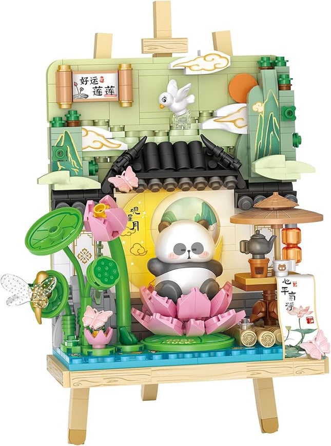 MEIEST Panda Mini Building Blocks Cute 3D Painting Model Set,Creative 4 Seasons' Views Collection Construction Building Bricks Toy,Home Decor (Summer-Lotus)