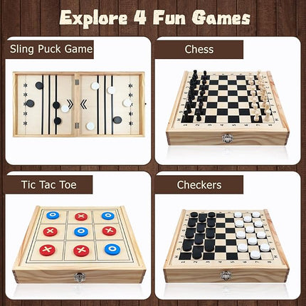 4 in 1 Wooden Fodable Fast Sling Puck Game Set – Chess, Tic Tac Toe, Checkers Board Game for Kids & Adults, Portable Tabletop Family Toy for Travel & Game Night