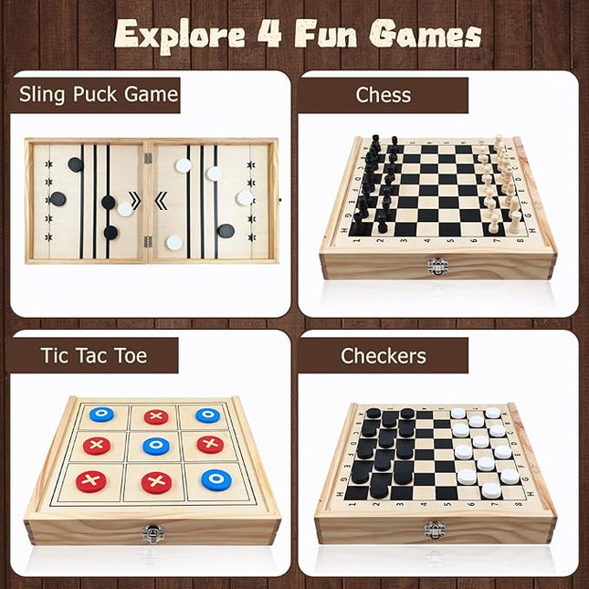 4 in 1 Wooden Fodable Fast Sling Puck Game Set – Chess, Tic Tac Toe, Checkers Board Game for Kids & Adults, Portable Tabletop Family Toy for Travel & Game Night