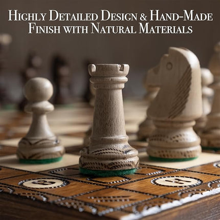 Wegiel Handmade Junior European International Chess Set - 16 Inch Luxury Wooden Chess Set for Adults and Kids, Premium Beech and Birch Wood - Unique Folding Design with Storage