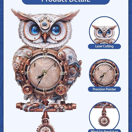3D Wooden Puzzles for Adults, 3D Puzzle Owl Clock Kit (with Pendulum), Mechanical Owl 3D Puzzles for Adults Crafts for Adult Home Decor Clock Puzzle Gifts for Women Men