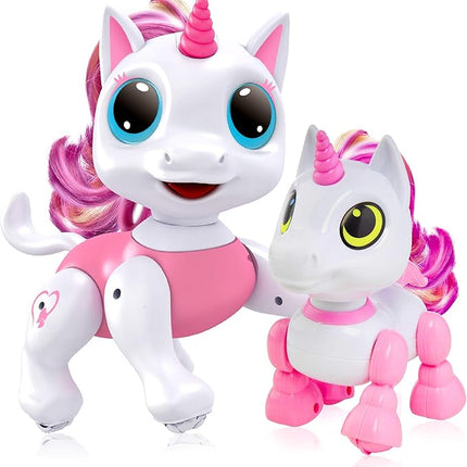 Power Your Fun Robo Pets Unicorn Toy 2pk Set - Unicorns Gifts for Girls and Kids (1) Unicorn Robot STEM Toy with Interactive Hand Gestures or Remote Control to Move and (1) Mini Automated Smart Robot