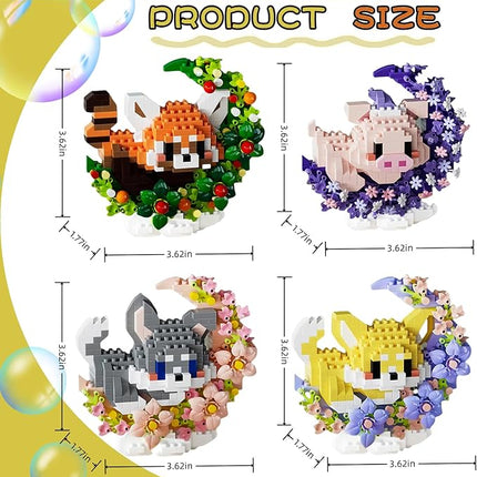 4 Pack Micro Building Block Sets, Cute Animals Micro Set with Flower and Moon, Building Blocks for Adults, Ideal for Collection and Desktop Decoration (Red Panda, Pig, Dog, Cat)