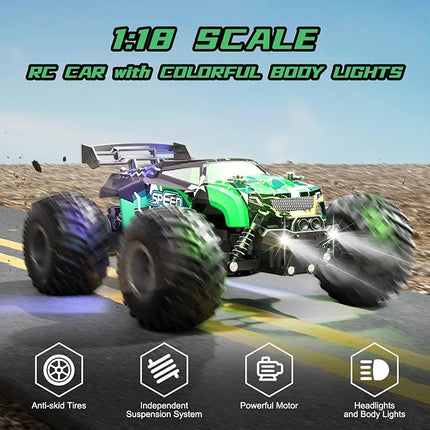 Remote Control Car RC Cars All Terrain Monster Truck, Outdoor 2WD Off Road Hobby RC Truck with 2 Rechargeable Batteries and Colorful Light, 20Km/h Fast RC Car Toys Gift for Kids Boys