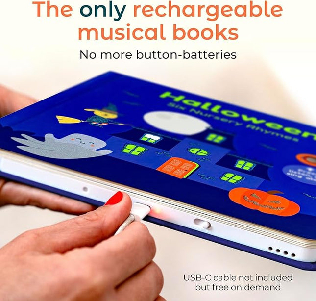 Cali's Books Halloween Books for Kids - Glow in The Dark Musical Book for Toddlers 1-3, Halloween Toys Singing Music Book, USB-C Rechargeable Baby Nursery Rhymes Learning Song Toy for 2 Year Old