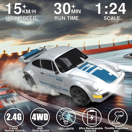Remote Control Car RC Drift Car 2.4GHz 1:24 4WD 15KM/H High Speed Racing Sport Car with LED Lights Drifting Tire Racing Sport Toy for Adults Boys Girls Kids Gift 2Pcs Rechargeable Batteries