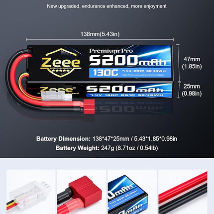 Zeee Premium Pro 2S Lipo Battery 5200mAh 7.4V 130C RC Battery Hard Case with T Plug Compatible with 1/8 1/10 RC Vehicles Car Slash RC Buggy Truggy RC Airplane Racing Models(2 Pack)