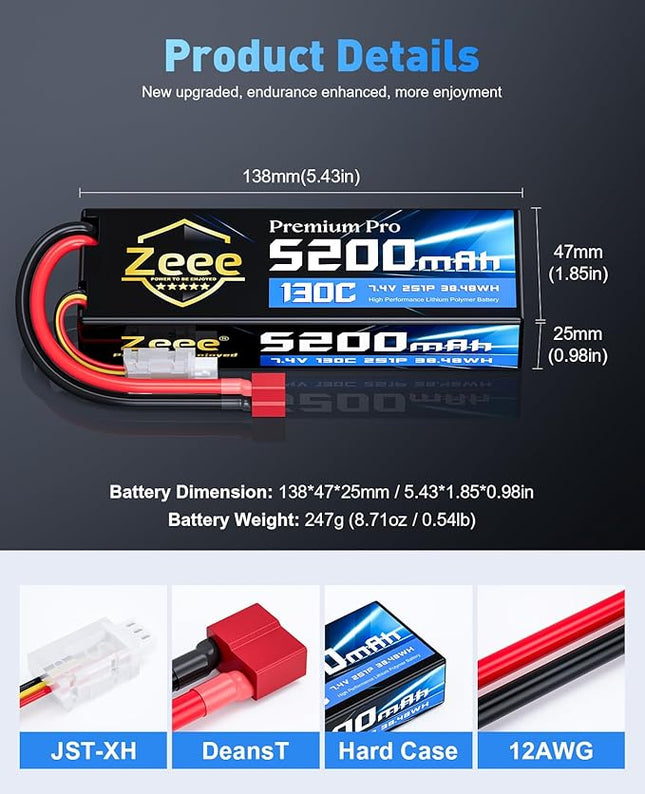Zeee Premium Pro 2S Lipo Battery 5200mAh 7.4V 130C RC Battery Hard Case with T Plug Compatible with 1/8 1/10 RC Vehicles Car Slash RC Buggy Truggy RC Airplane Racing Models(2 Pack)