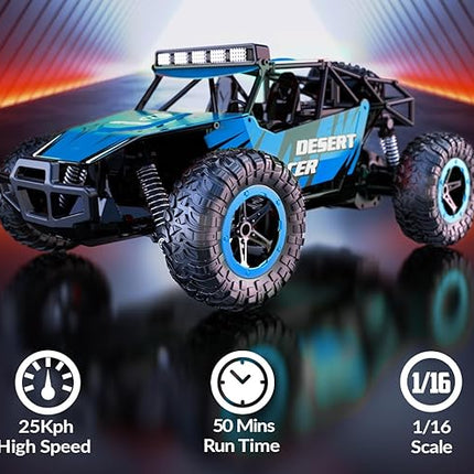 RACENT Remote Control Cars for Boys - 1:16 Scale 20kph Fast RC Truck All Terrain Off-Road Monster Truck Toy for Kids & Adults with 2 Rechargeable Batteries (Blue)