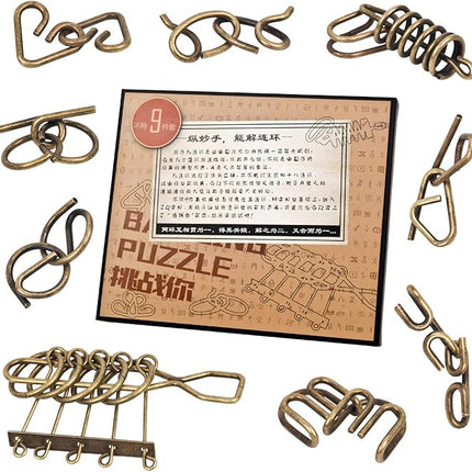 Assorted Ancient Metals Puzzle Brone Color Stress Relief Toys 9 Pack IQ Wire Puzzles with Paper Box Gift Package Great Educational Metals Still Puzzle Games Toys for Children and Adults by AHYUAN