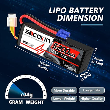 6S 5200mAh Lipo Battery 22.2V Lipo RC Battery with EC5 Connector Plug Soft Case for RC Car Airplane Quadcopter Helicopter Truck Boat Hobby (2 Packs)