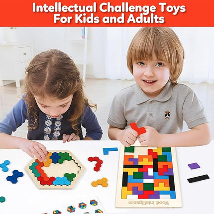 Wooden Puzzles,Geometric Shape Logic Hexagon Puzzle Toys Brain Teasers STEM Montessori Educatioanl IQ Board Games for Kids Boys Girls Ages 3+ (4 Pack)