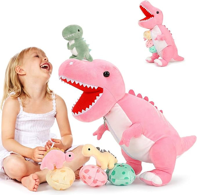 MorisMos Dinosaur Stuffed Animal with Babies,23.6'' Big Mommy Stuffed Dino T-rex with 3 Baby Dino Stuffed Toys & 3 Eggs Plush Inside Belly, Boy Girl Dinosaur Toys for Kids 3-5, Pink T-rex Toys Gift