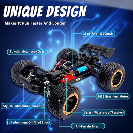 1:16 4X4 RTR Brushless Fast RC Cars for Adults, Max 42mph Hobby Electric Off-Road Racing Buggy, 4WD Offroad Remote Control Car with 2 Li-Po Batteries, Monster RC Truck for Boys