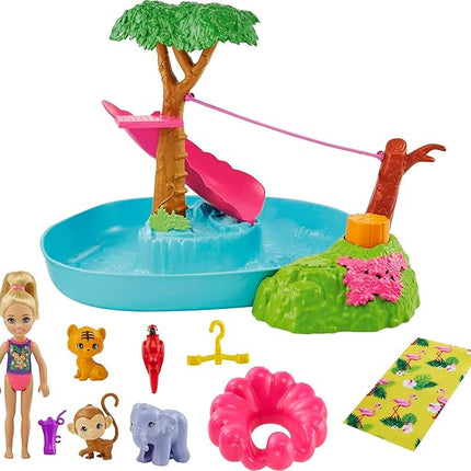 Barbie and Chelsea The Lost Birthday Splashtastic Pool Surprise Playset with Chelsea Doll (6-in), 3 Baby Animals, Slide, Zipline & Accessories, Gift for 3 to 7 Year Olds