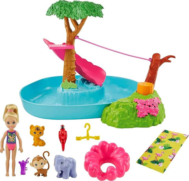 Barbie and Chelsea The Lost Birthday Splashtastic Pool Surprise Playset with Chelsea Doll (6-in), 3 Baby Animals, Slide, Zipline & Accessories, Gift for 3 to 7 Year Olds
