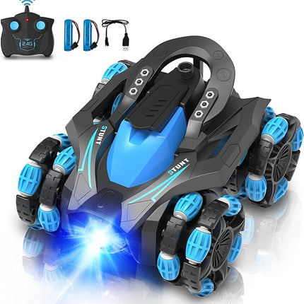 Eulogia RC Stunt Car for Boys 5-12, High Speed 360° Rotating, Drift 4WD Remote Control Car with Headlights, 2.4GHz Electric Rechargeable Race Stunt Toy Car for Boys Girls Birthday (Blue)