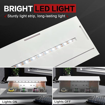 1/64 Scale Diecast Display Case for Hot Wheels Matchbox Cars, Toy Car Model Mini Garage with LED Light and Acrylic Cover, Stackable Parking Lot Diorama Storage for Collection Present