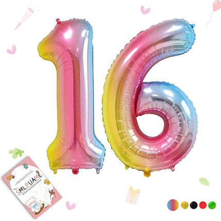 Smlpuame 40 Inch Number Balloons 0-9 Rainbow Gradient Large Number 16 Balloons, Digital Balloons for Birthday Party Celebration Decorations, Helium Foil Number Balloons for Wedding Anniversary
