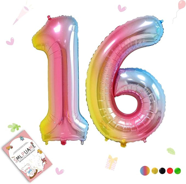 Smlpuame 40 Inch Number Balloons 0-9 Rainbow Gradient Large Number 16 Balloons, Digital Balloons for Birthday Party Celebration Decorations, Helium Foil Number Balloons for Wedding Anniversary