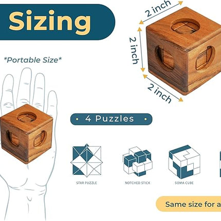 BSIRI Wooden Puzzle Box Set (4 Games) - Challenging Brain Teasers 3D Puzzles for Adults, Interlocking Games for IQ Test. Ideal for Rustic Patio Decor, Unique Gift for Christmas and Birthdays