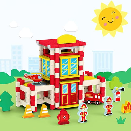 157PCS Wooden Building Blocks Set for Toddlers, Construction City Stacking Toys, Preschool Learning Educational Toys for Kids 3+ Years Girls and Boys (Fire Station)