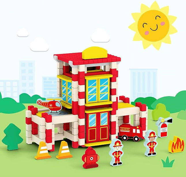 157PCS Wooden Building Blocks Set for Toddlers, Construction City Stacking Toys, Preschool Learning Educational Toys for Kids 3+ Years Girls and Boys (Fire Station)