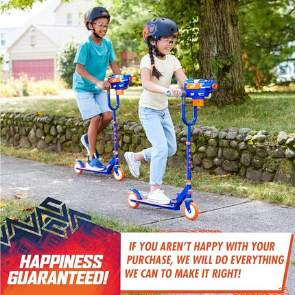 NERF Kick Scooter for Kids, Dual Barrel Blaster Fires Up to 40 Feet, Supports Up to 150lbs, Rear Brake, Sturdy Steel Frame, Wide Surface Textured Molded Deck, Outdoor Activities for Boys/Girls