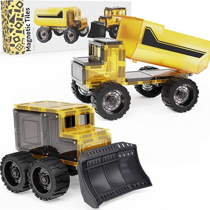 Learn & Grow Mega Movers - Magnetic Tiles Construction Trucks – Magnetic Build a Truck Set with 2 Jumbo Magnet Car Vehicles & Moveable Rubber Wheels – Durable STEM Building Toy for Kids Ages 3+