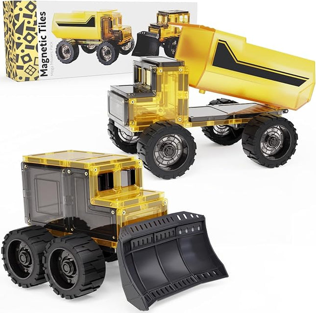 Learn & Grow Mega Movers - Magnetic Tiles Construction Trucks – Magnetic Build a Truck Set with 2 Jumbo Magnet Car Vehicles & Moveable Rubber Wheels – Durable STEM Building Toy for Kids Ages 3+