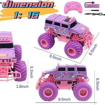 1:16 Scale RC Cars - All-Terrain Off-Road Monster Truck & Hummer, 2.4GHz Remote Control Vehicle Toys for Girls Ages 6-12 (Pink/Purple) | Box Included